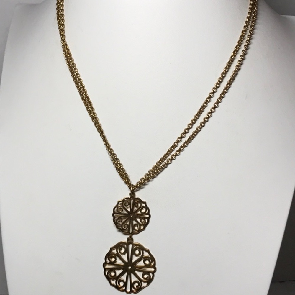 AV open pendant necklace/ gold tone/ double chain